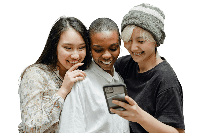 Three people looking at mobile phone