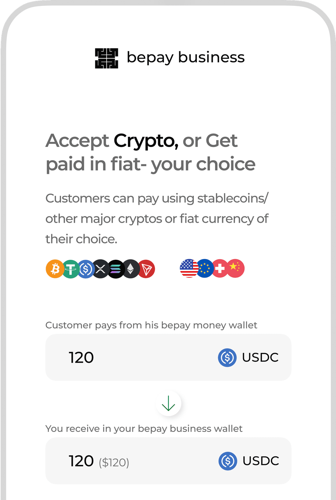 Crypto payment interface mockup showing various cryptocurrencies and transaction details.