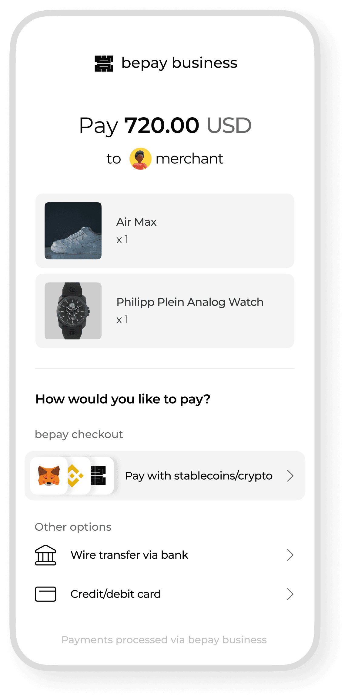 Bepay crypto payment interface